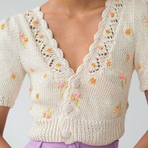 Tach Clothing Alba Knit Cardigan – Hand-Knit Floral Embroidery – Size XS
